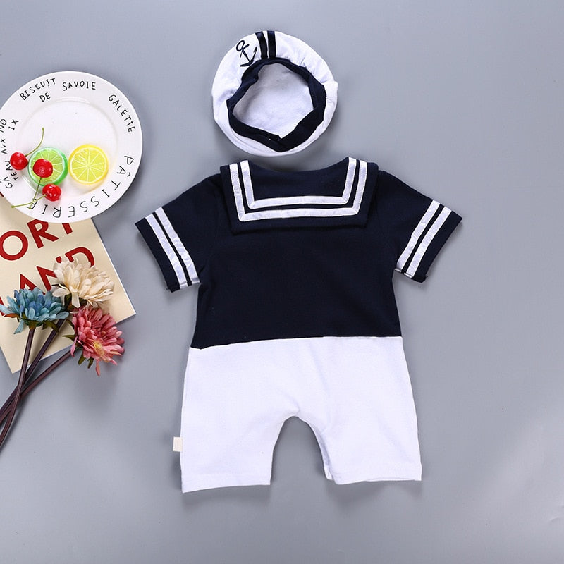 Sailor Collar Baby Boy Clothes White Baby Navy Hat Bodysuits Striped Sailor Shirt Relaxed Kids Naval Academy Summer Jumpsuits