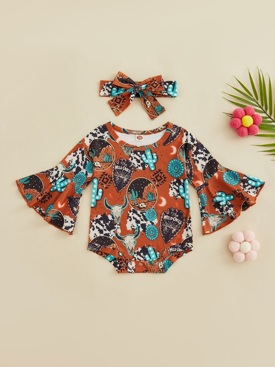 Cute Western Baby Girl Clothes Cow Printed Romper Boho Floral Flared  Long Sleeve Bodysuit Infant Fall Jumpsuit